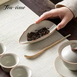 Retro Cream Ru Kiln Ceramic Tea Scoops Tea Leaf Container Tea Shovel Tea Presentation Vessel Saucer Tea Ceremony Accessories
