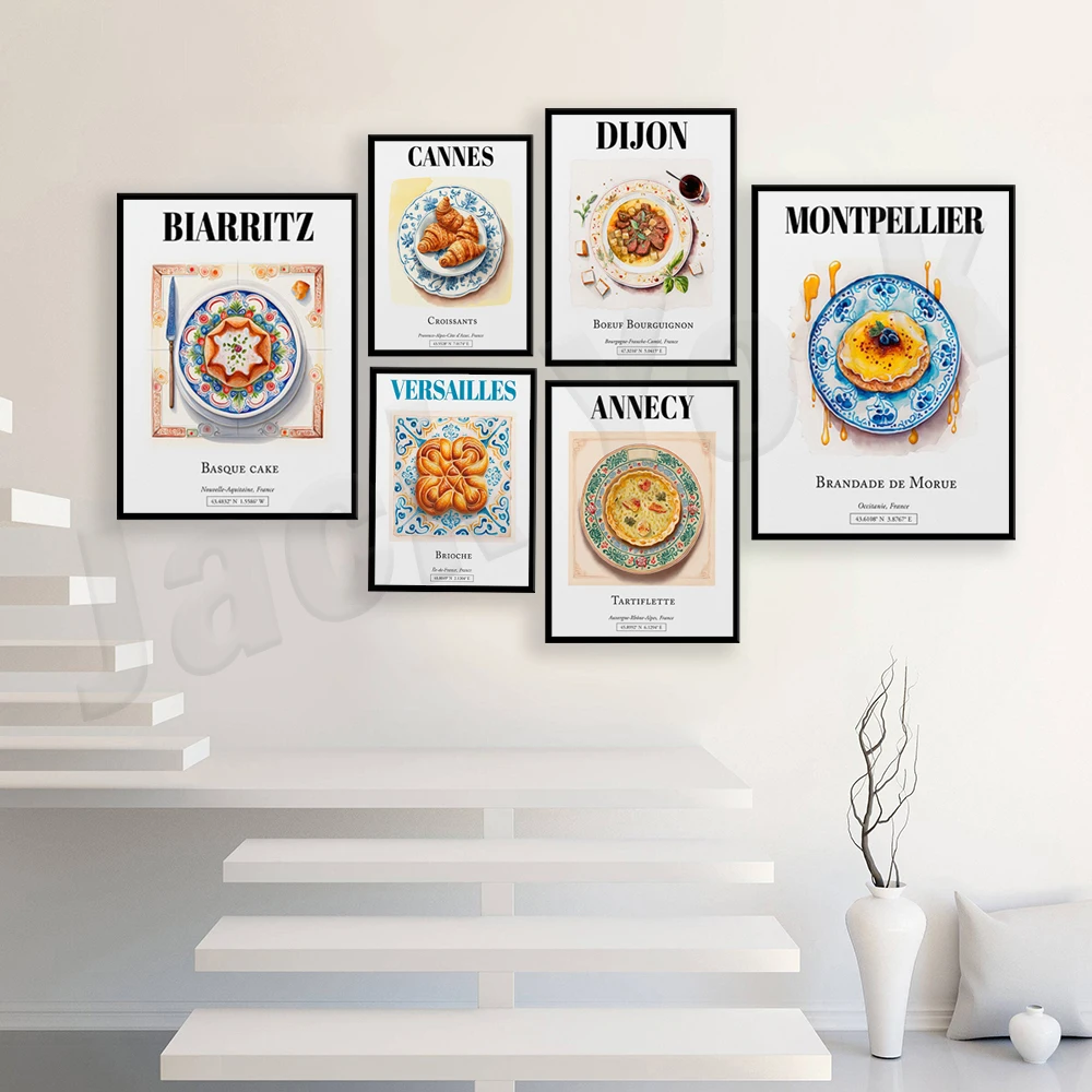 Saint-Tropez, Biarritz, Avignon, Lille, Montpellier, Versailles, cakes, cassoulet, biscuits, bread, French food travel poster