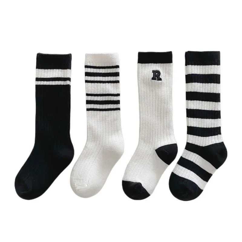 

New Korean Unisex Teens Students School Socks Kids Stockings Black White Stripe Knee High Socks for Children 1-8years Old