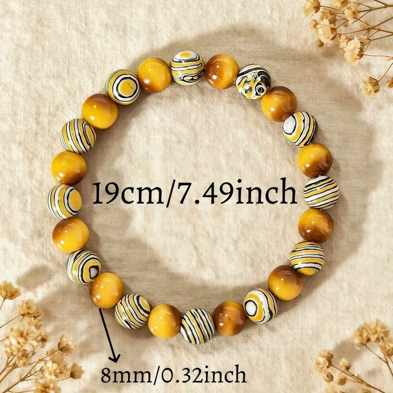 Imitation Tiger Eye & Natural Yellow Malachite Beaded Bracelet for Women Vintage Handmade Jewelry Gift