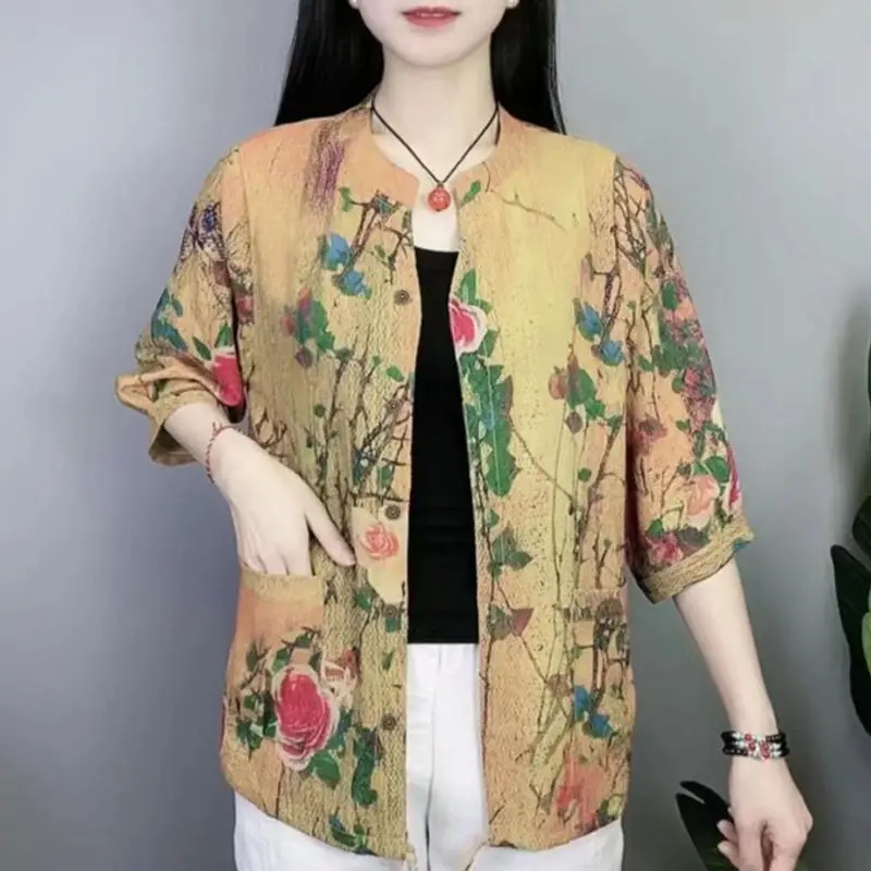 Vintage Floral Printed Single-breasted Blouse 2023 Spring Summer Thin Nine Quarter Sleeve Female Fashion Pockets Spliced Shirt