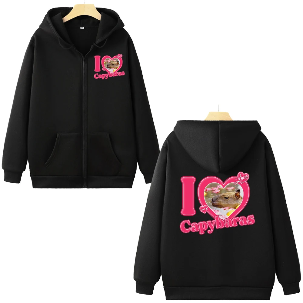 I Love Capybaras Hoodie Cartoon Capybara Graphic Print Casual Unisex Zipper Sweatshirt Autumn Streetwear Fashion Zip-up Hoody