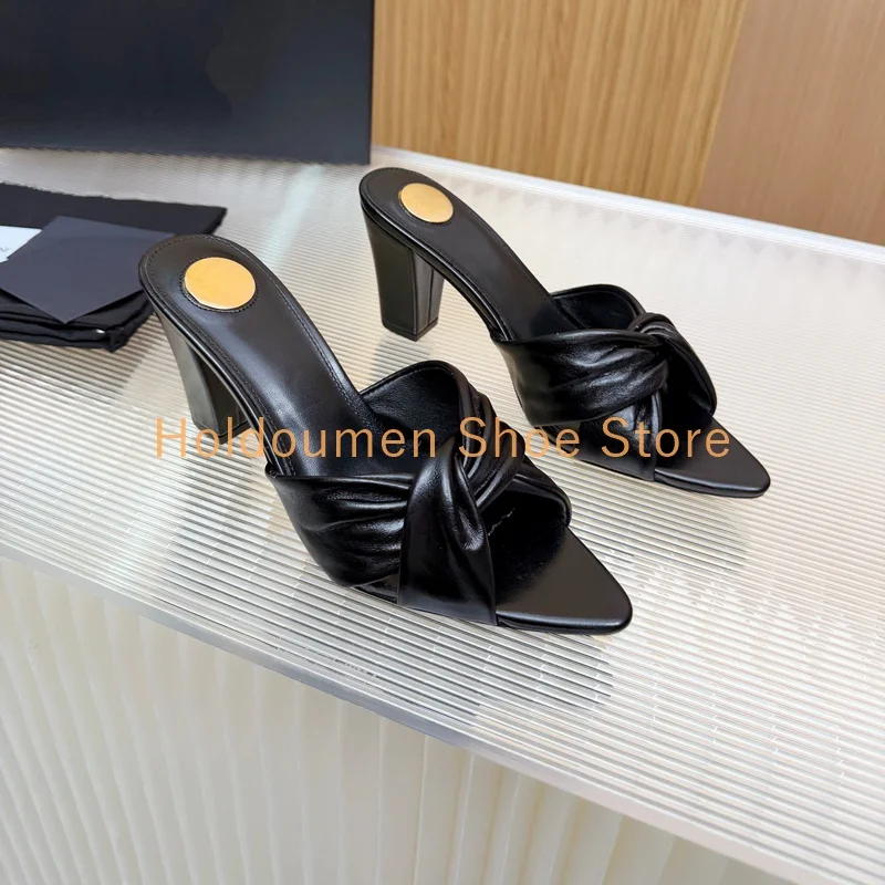 

Women's Twist Knot Leather Mule Slipper Summer Pointed Toe Sexy Party Chunky Heel Slipper Fashion Versatile Street Style Slipper