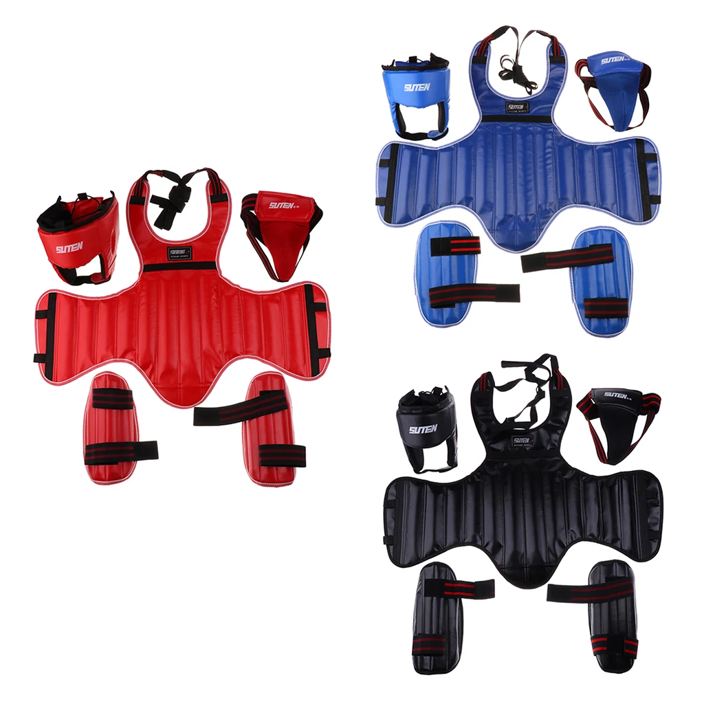 Conjunto de equipamentos de sparring para artes marciais com arnês de boxe, corpo, caneleiras, tamanho da virilha, cabe em cores selecionadas