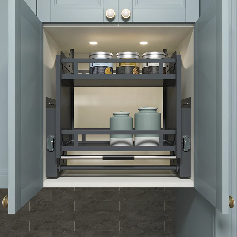 نظام سلة رفع خزانة المطبخ الحديثة القابلة للسحب مع آلية رفع سهلة للتخزين الفعال #4