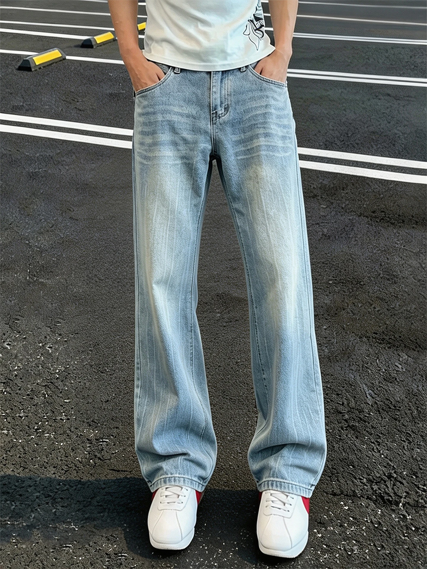 American High Street Vibe Black Lightning Pattern Men's Jeans CleanFit Straight Leg Slimming Long Pants Water Washed Denim