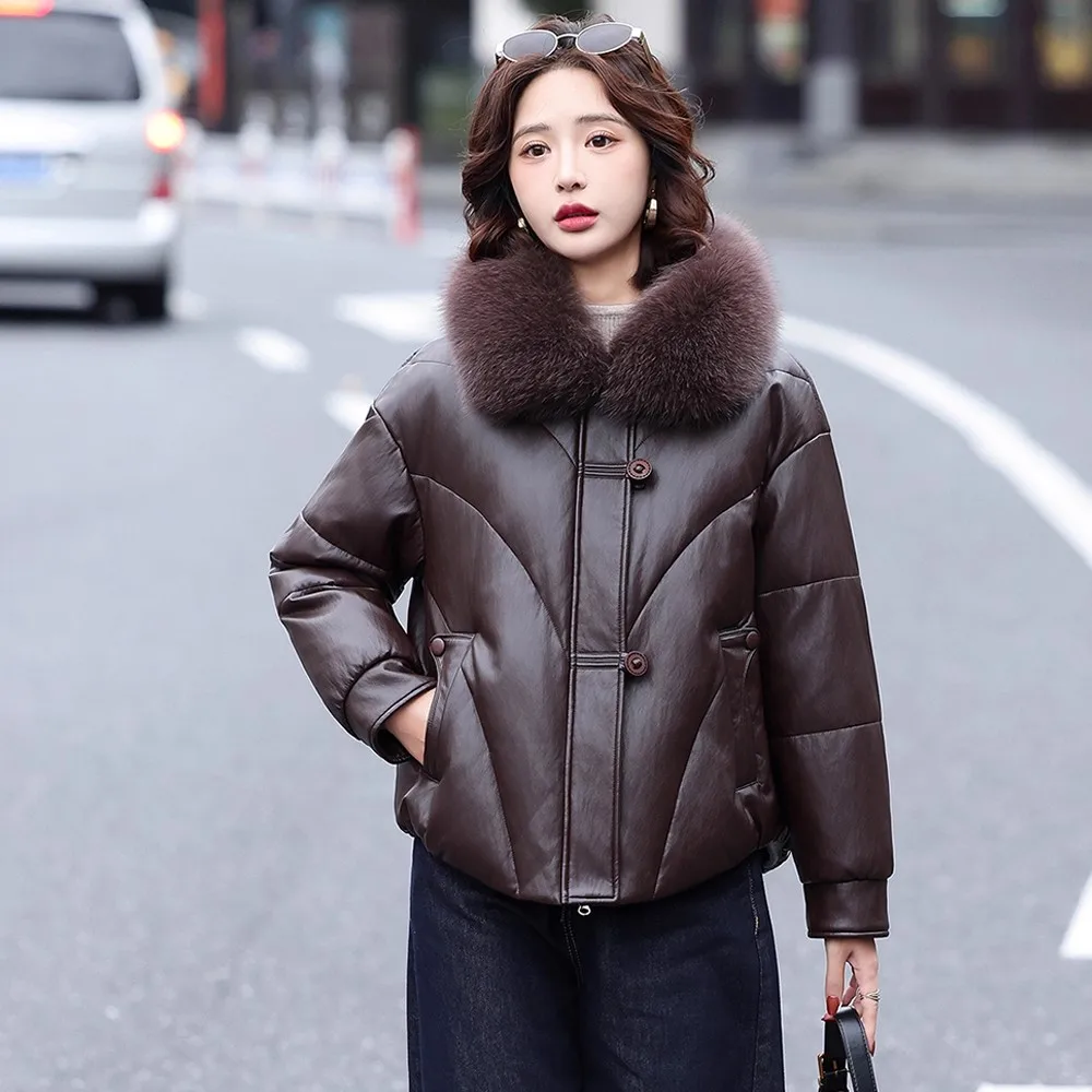 

New Women Fox Fur Collar Split Leather Down Jacket Winter Fashion Turn-down Collar Loose Waist Short Down Coat Casual Warm Coat
