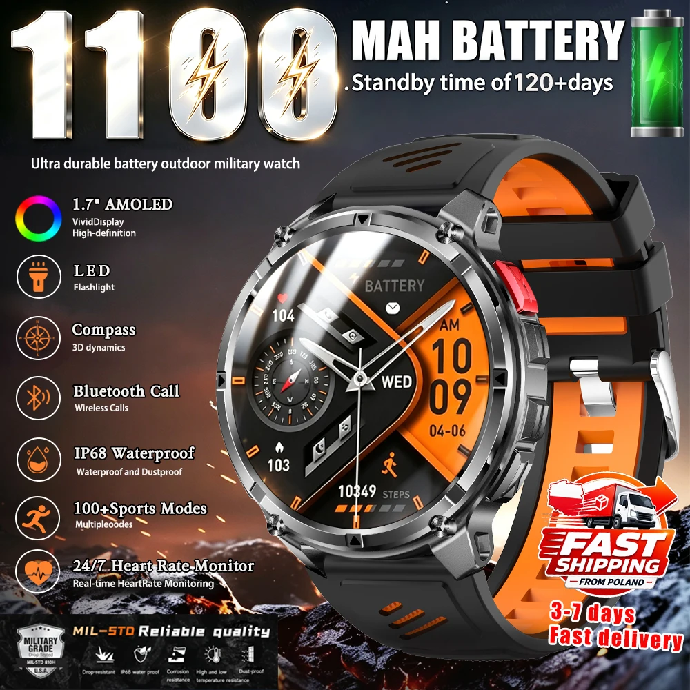 Nouvelle montre connectée d'extérieur pour hommes, batterie durable de 1100mAh, écran HD de 1.7 pouces, appel Bluetooth, plus de 100 modes sportifs, avec lampe torche tactique LED, boussole, étanche IP68, montre