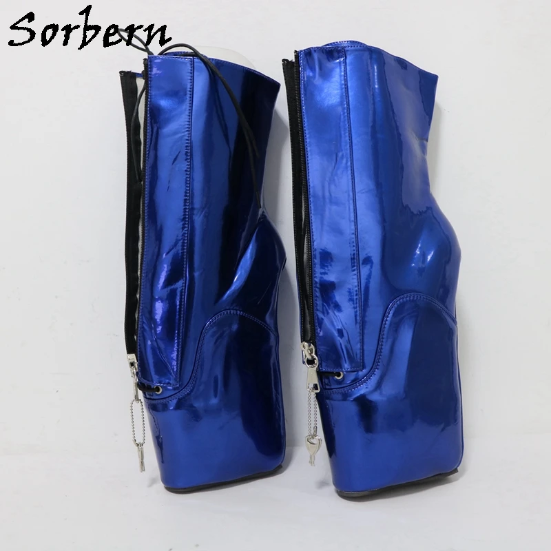 

Sorbern Custom Metallic Blue Boots Ballet Wedge Hoof Heelless Bdsm Short Booties Lockable Zippers Platform Fetish Women Shoes