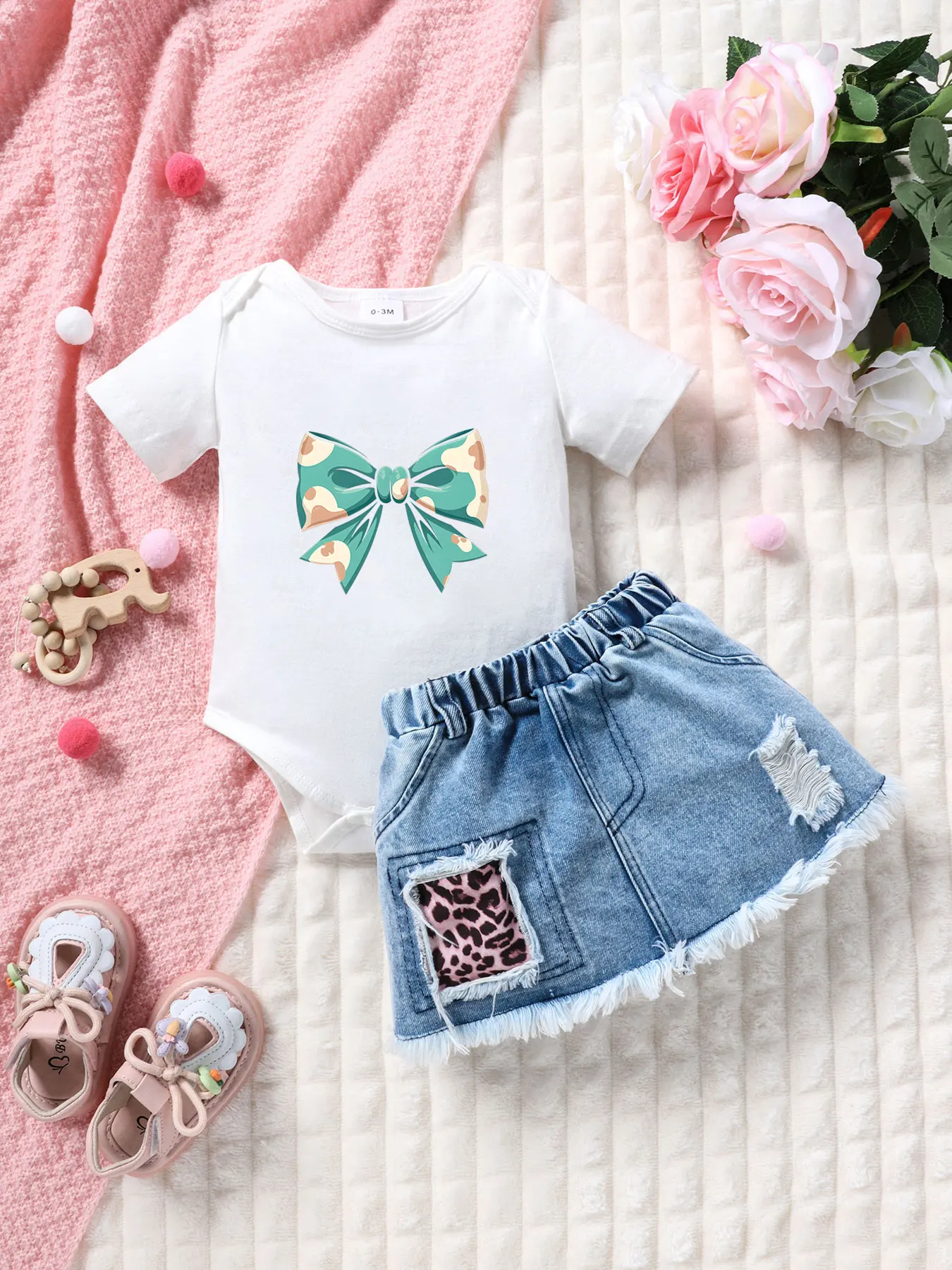 Baby Girl Summer New Fresh Green Butterfly Knot Print Short Sleeve Romper + Leopard Print Denim Skirt Two-Piece Set