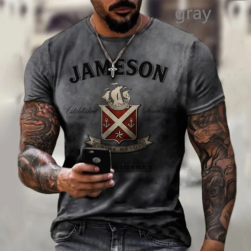 2024 Summer New Retro Style Trendy Men\'s T-shirt Whiskey 3D Print Extra Large Street Harajuku Round Neck Personalized Men\'s Top