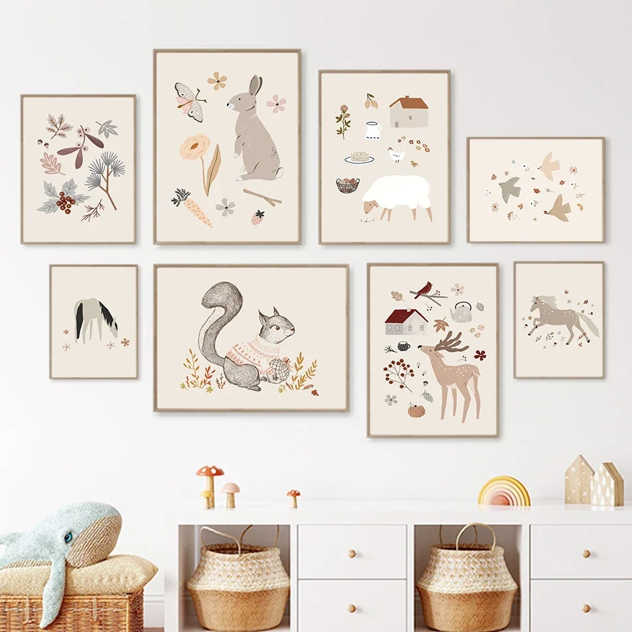 Rabbit Deer Pony Sheep Squirrel Acorn Nursery Wall Art Canvas Painting Nordic Posters And Prints Wall Pictures Kids Room Deco