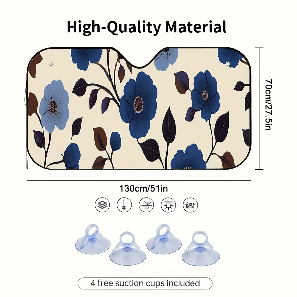 1pc 2D Flat Blue Flower Vine Car Sunshade - Keeps Your Vehicle Cool & Stylish, Includes 4 Suction Cups For Easy Setup, Foldable