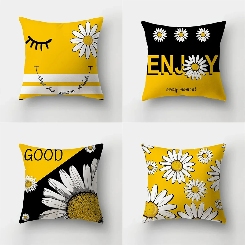 Modern Yellow Daisy Flower Cushion Cover Creative Letter Print Pillowcase Customized Polyester Pillowcase Home Decor