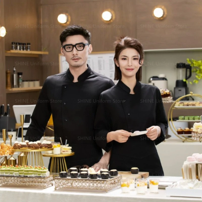 Uniforme de Chef para hombre, chaqueta de Chef con delantal, abrigo de cocinero de restaurante de manga larga, camiseta de Chef, uniforme de trabajo, ropa de Hotel de camarero con logotipo