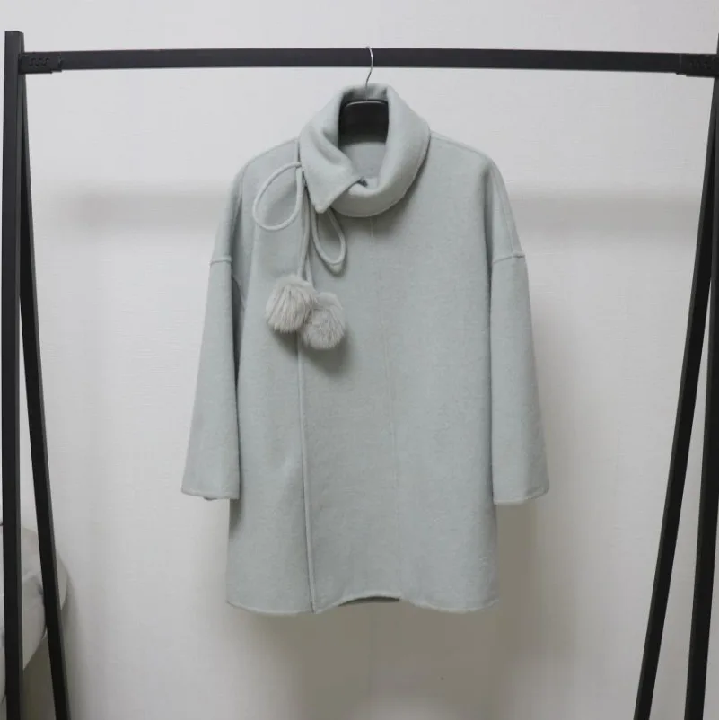 

Women's Elegant Chic Wool Slanted Placket Single Button Long Sleeve Loose Coat Lady Streetwear Solid Color Cape Coat Outwear