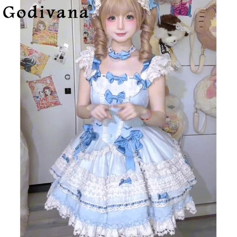 

Blue Ballet Style Vintage Cute Lolita Dress Women High Waist Slimming Princess Dress Girls Summer Lolita Bow Party Dress