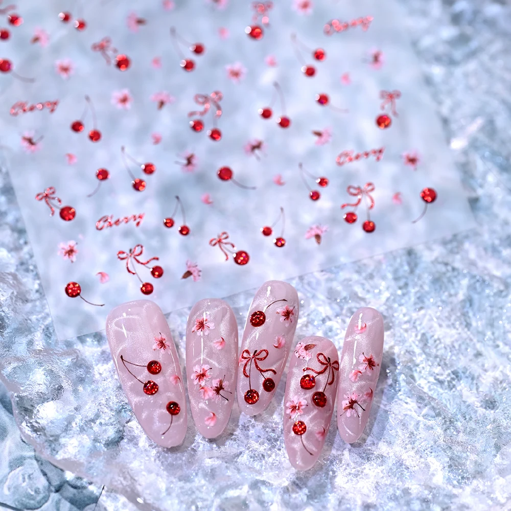 5D Sparkling Red Cherry Nail Art Stickers Cute Mini ice-transparent Cherry Bowknot & Flowers Self Adhesive Decals Nail Supplies