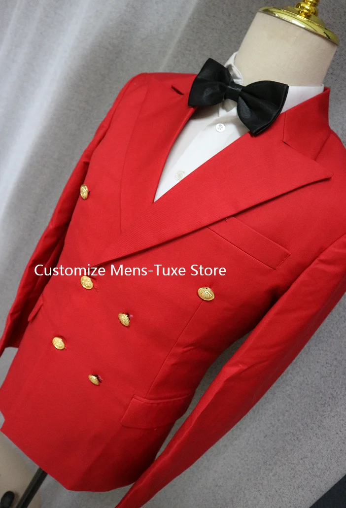 Formal Red Double  Slim Fit Men Suits Casual   Prom Evening Party England Style 2 Piece Jacket Pants Blazer Set