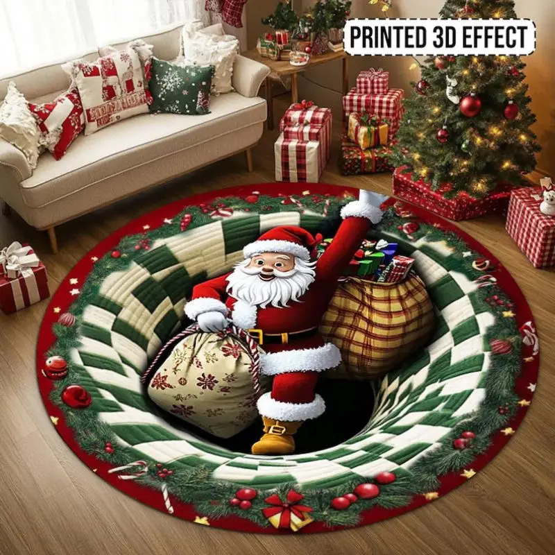VIKAMA 3D Vortex Santa Claus Gift Bag Hole Illusion Round Rug Non Slip Soft Plush Carpet Living Room Xmas Decor Washable