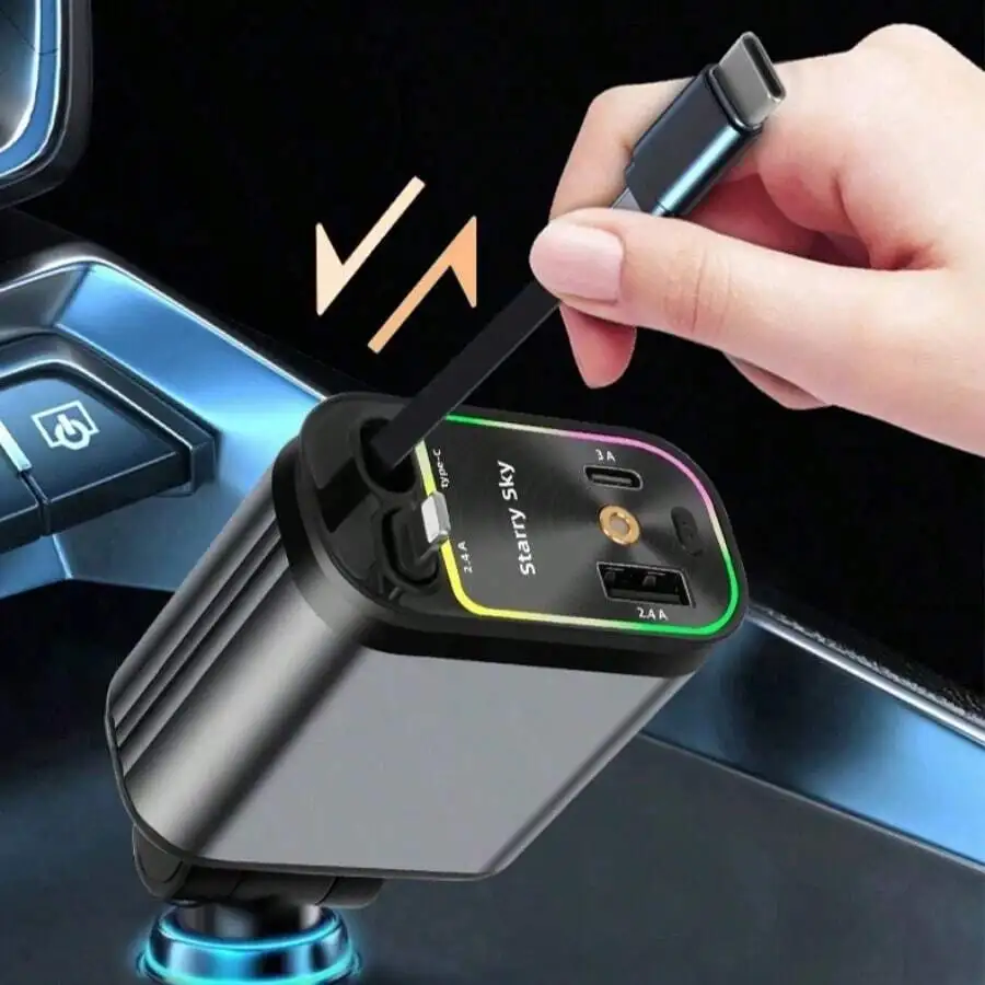 

7-Color Ambient Light Starry Sky Projector Car Charger With Dual Retractable Cables And Fast Charging Ports