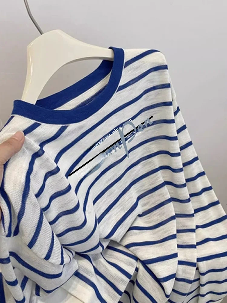 Lente zomer blauw gestreept lang Sve dames T-shirt rond Ne Faionable zonnebrandcrème airconditioning cover-up top