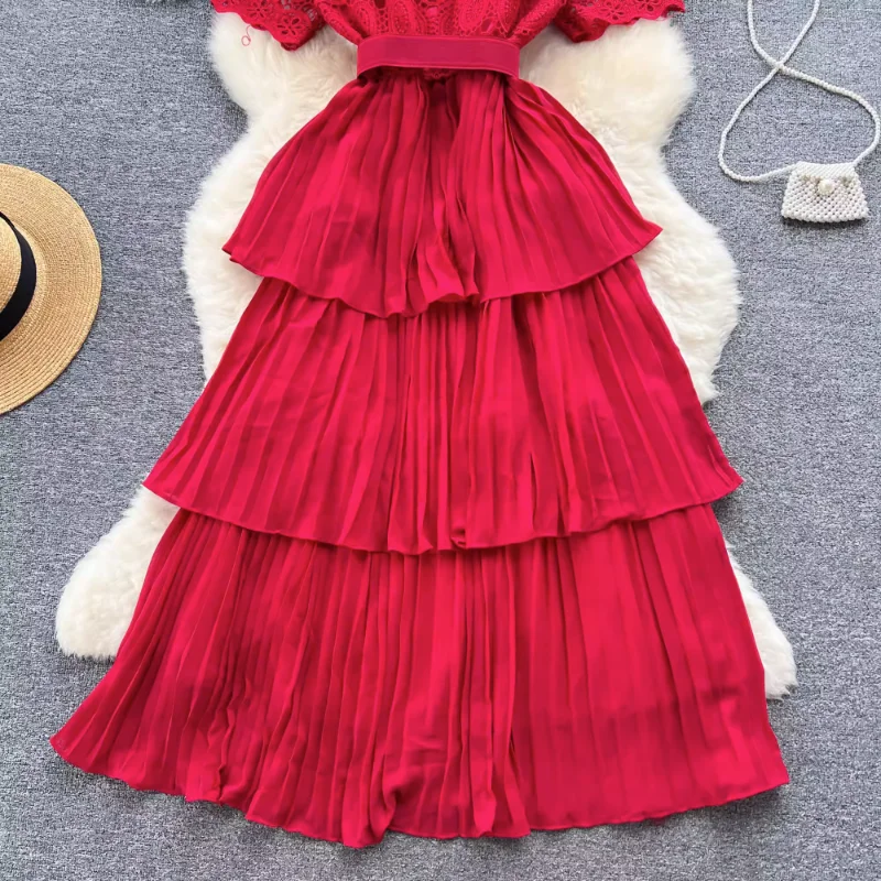 Vestido retrô monocromático plissado oco feminino, vestido elegante em camadas, manga curta, cintura alta casual, linha A, verão