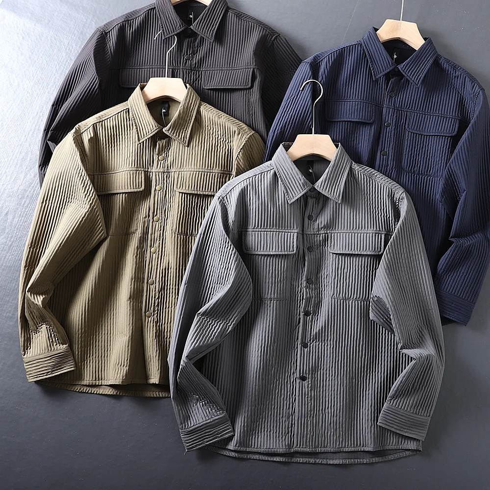 

Loose Fit Busin Casual irt Men's Faion Texture Turn-down Collar Jaet Youth Spring Autumn Chinese Brand ex