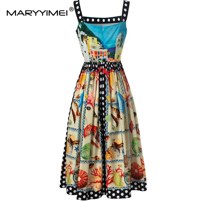 MARYYIMEI Spring Summer Women\'s Square Necked Sleeveless Spaghetti Strap Backless Single breasted Bohemia Vacation Dresses