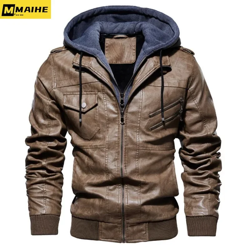 Winter High Quality Men\'s Leather Jacket Motorcycle Hooded Jacket Male Warm Casual PU leather Coat Fleece Men\'s Coats Clothing