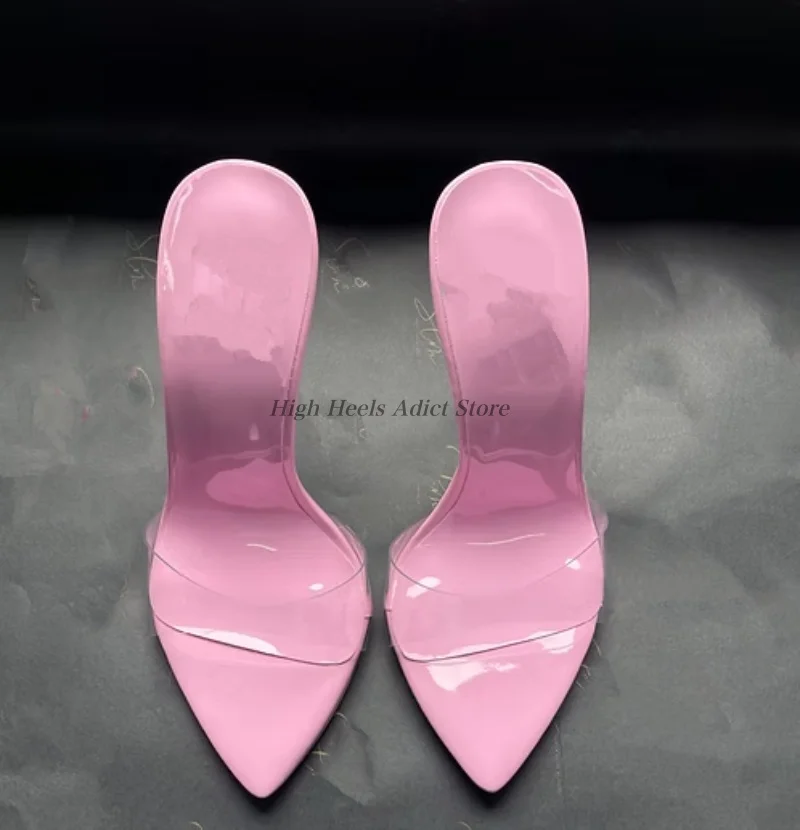 

Women's Pvc clear mirror leather sexy slippers 2026 summer new in big size pink/sliver/black high heels stilettos luxury design