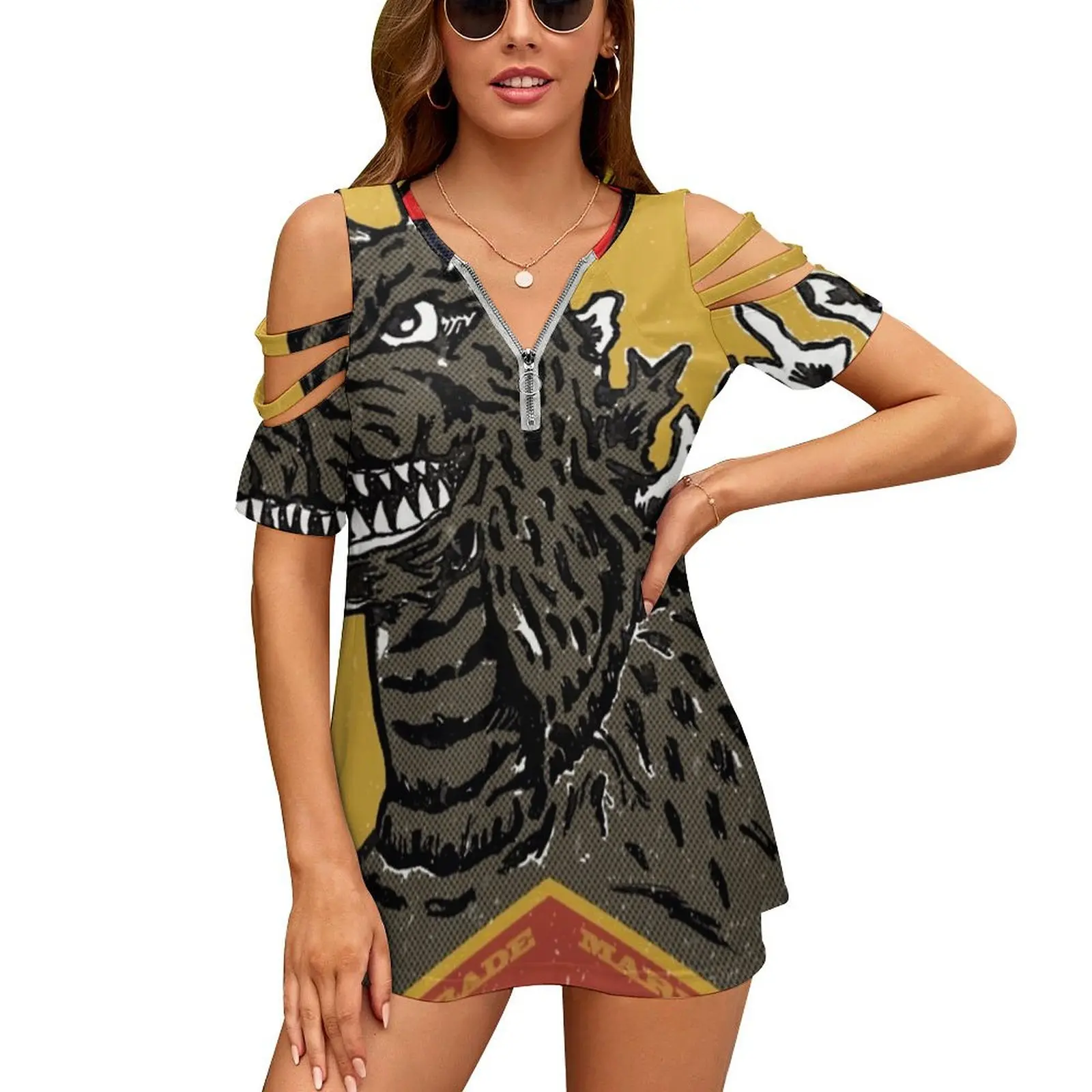King Of Monsters Women Zipper Sexy Printed Vintage T Shirts Tops Full Print T-Shirt Monster Anime Asia Japan Kaiju Popculture