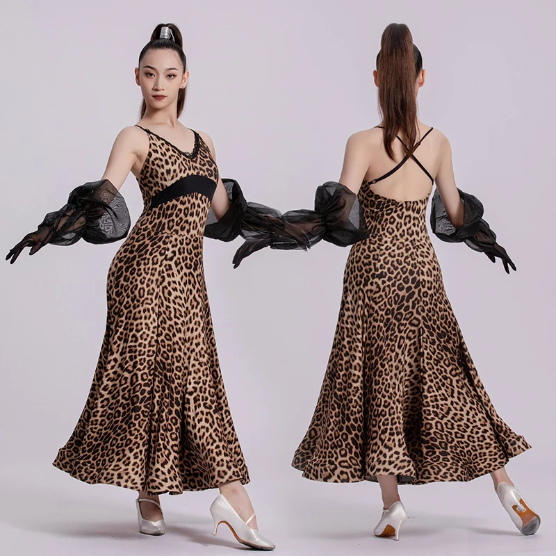 Leopard Print Ballroom Dance Dress Women Waltz Performance Clothes Standard Modern Dance Stage Wear Backless Long Dresses 2617