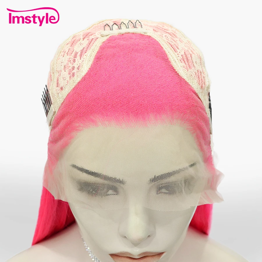 Imstyle-peluca sintética con malla frontal para mujer, cabellera larga y recta, color azul, Natural, neón, rosa, para fiesta, Cosplay