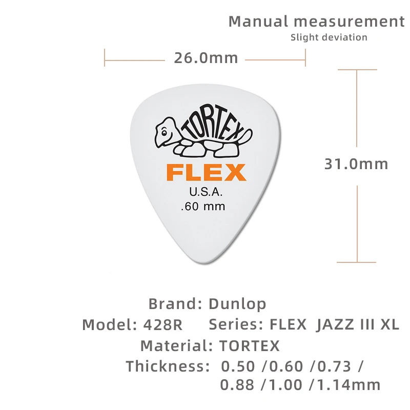 Dunlop Pick. 428R FLEX Tortex JAZZ 3 matte non-slip acoustic/electric guitar pick. Thickness: 0.50/0.60/0.73/0.88/1.00/1.14mm.