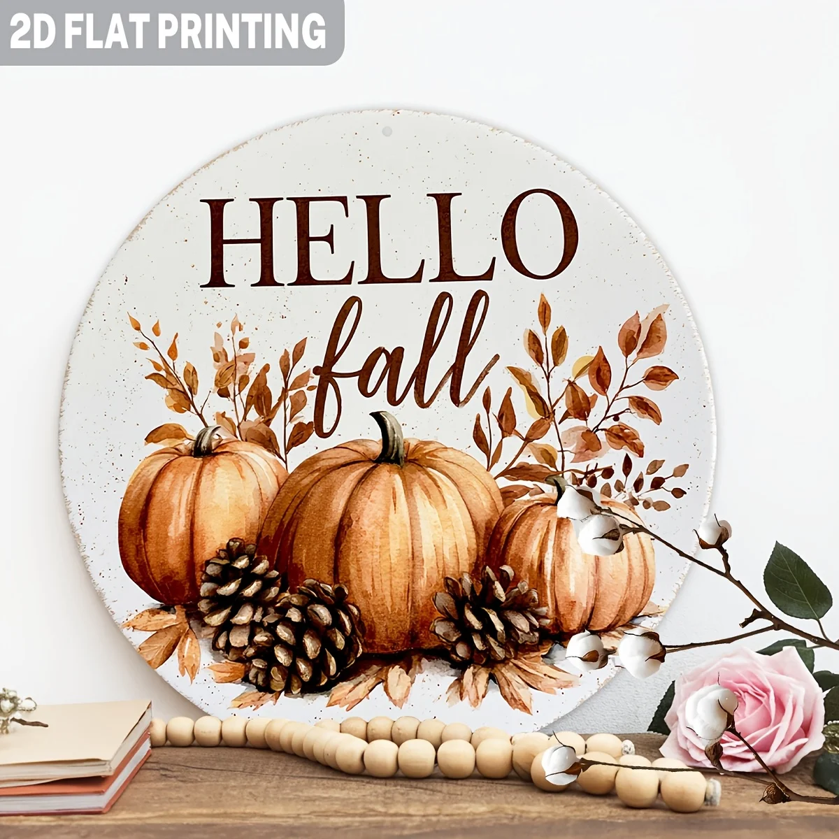 2D Flat, 2D Flat,1pc,Rustic Hello Fall Round Aluminum Metal Sign Pumpkin Pinecone,Wall Hanging Wall Decor for Fall Autumn Thanks