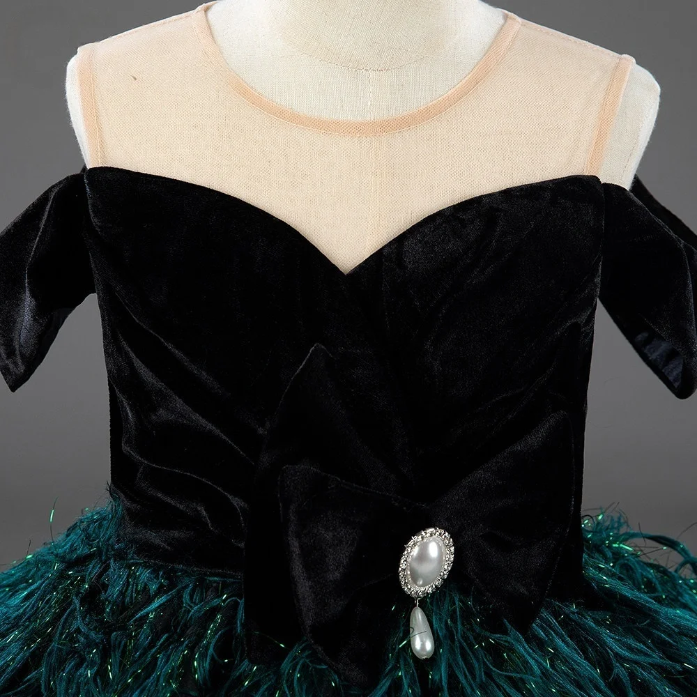 Custom Luxury Flower Girl Dress Wedding Gown Birthday Party Pageant Catwalk Off Shoulder Velvet Feather Ball Gown  