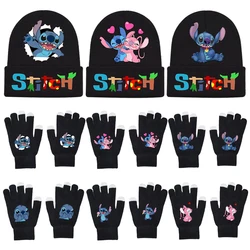 Stitch Angel Kids Knitted Hat Gloves Boys Girls Anime Knit Cap Touchable Screen Gloved Winter Warm Beanies Children X-mas Gift