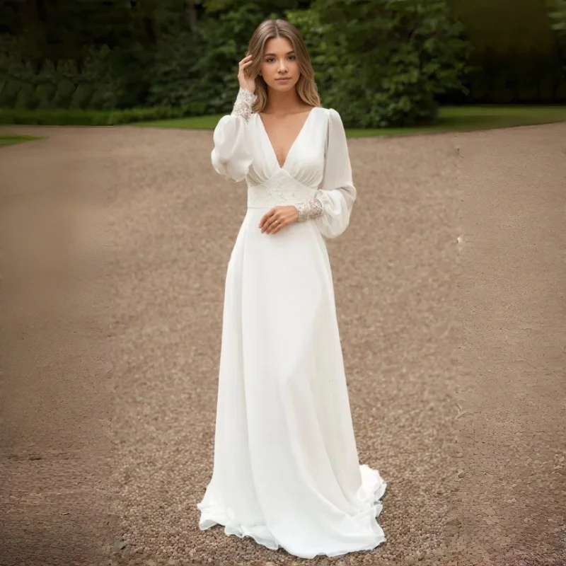 

A-Line Floor Chiffon Long Sleeve Wedding Dress Deep V Neck Beaded Lace Waistband Cuffs High Waist Sweep Train Customizable 2026