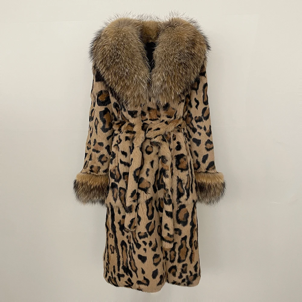 MENINA Autumn Winter Fashionable Leopard Print Real Rabbit Fur Coat Women Long Fox Fur Collar Coat Fur Onepiece Thickened Warmth