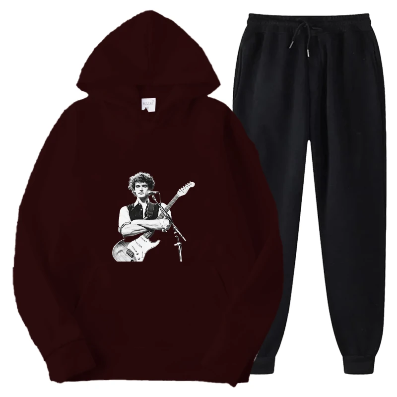 طقم هوديي مطبوع باللونين الأسود والعنابي، سويت شيرت وسروال بنص مضحك 3500 جرامًا للارتداء والهدايا غير الرسمية