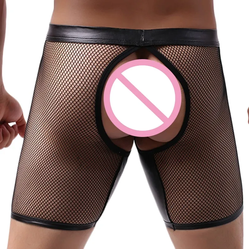 الرجال شبكة صيد السمك سراويل بوكسر الحقيبة القابلة للإزالة مفتوحة المنشعب فو الجلود U محدب انفصال ملخصات المثيرة ارتداء مثلي الجنس الوثن #3