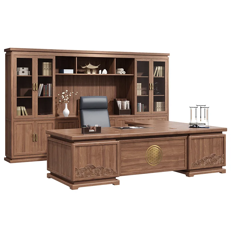 2026 New Chinese Solid Wood Office Table Chair Combination Computer Desk Homeworking Writing L-shaped Boss Deskpromote sales