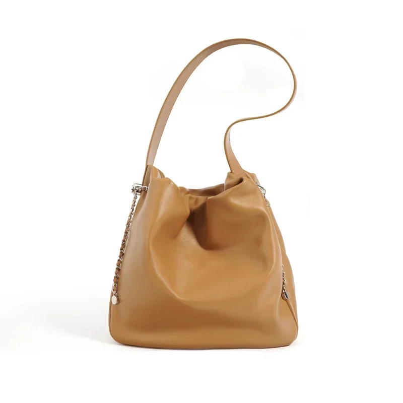 New Women Genuine Leather Tote Bag Female Rucked Chain Drawstring Handbags Simple Underarm Bags Large Girls Bucket Shoulder Bags