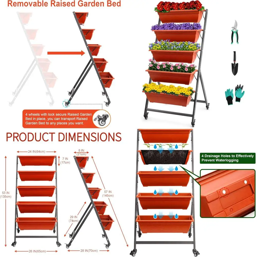 

Вертикальный садовый горшок с 5 контейнерами, съемная красная кровать из кирпича, садовые инструменты для уличных овощей и цветов