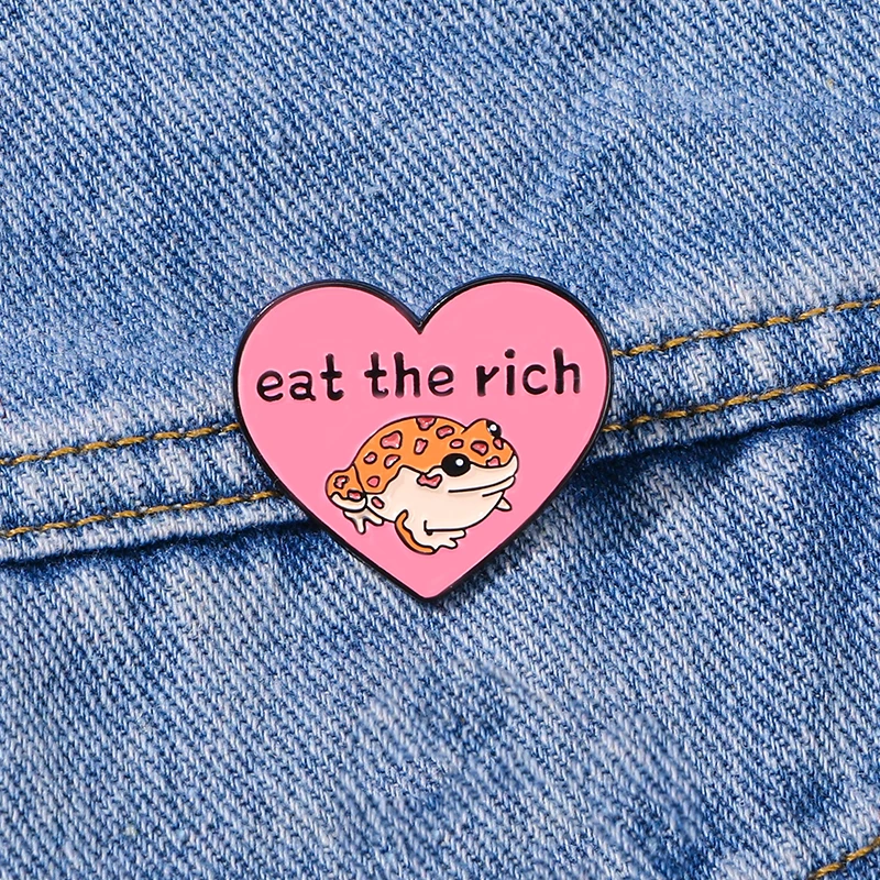 Cute Toad Heart Pins Pink Enamel Eat The Rich Brooches Cheap Clothing Bag Hat Jewelry Decoration Wholesale