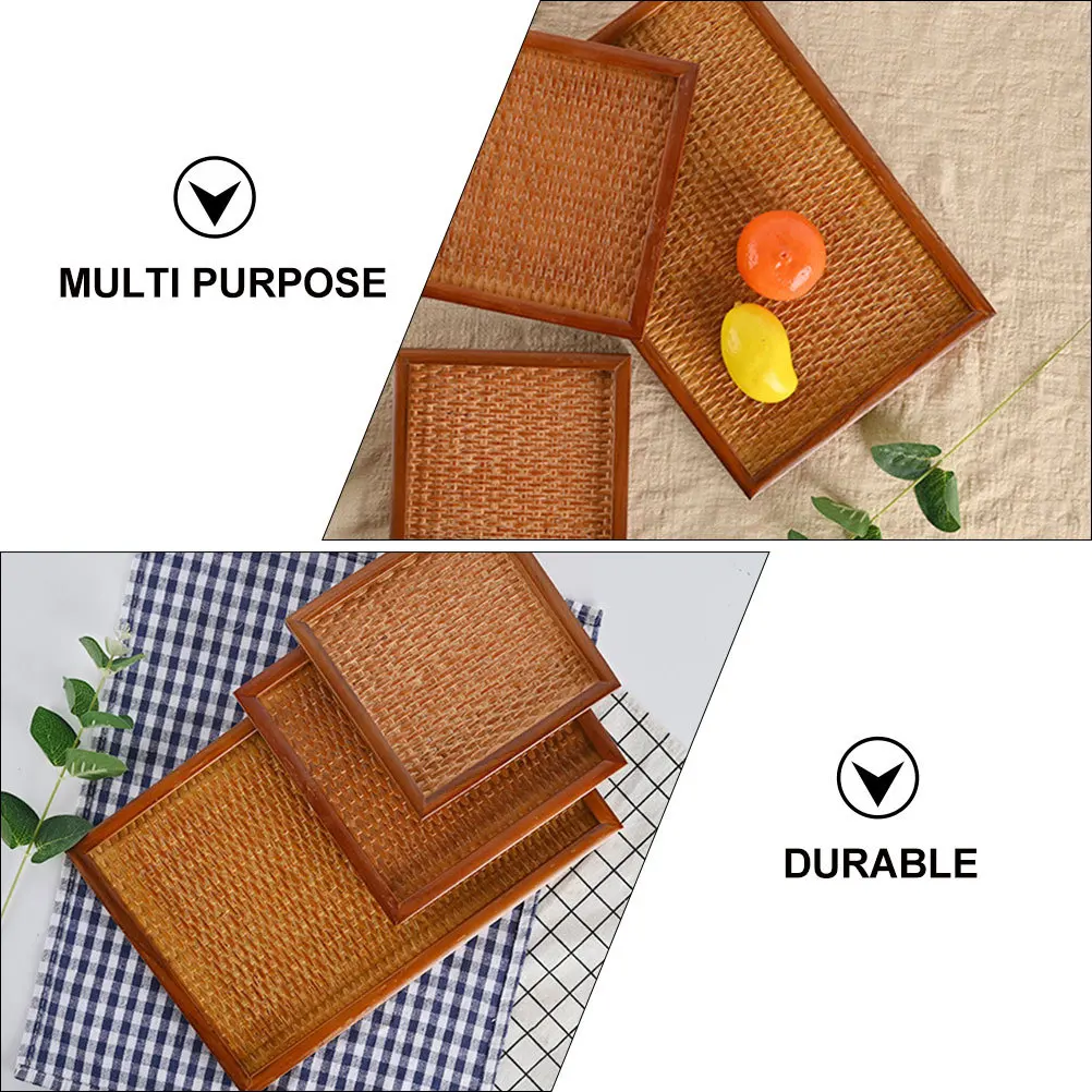 

1pc Wooden Tray Brown Rectangular Rattan Woven Design Smooth Edges Storage For Tea Set Fruits Desserts Home Tableware