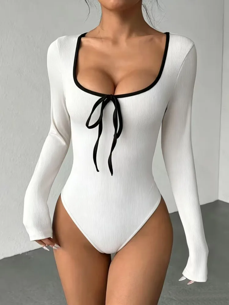 Absobe Women Solid Color Bow Ribbed Bodysuits U Neck Long Sleeve Tight Fit Button Tops Sexy Fashion Streetwear Summer New Outfit