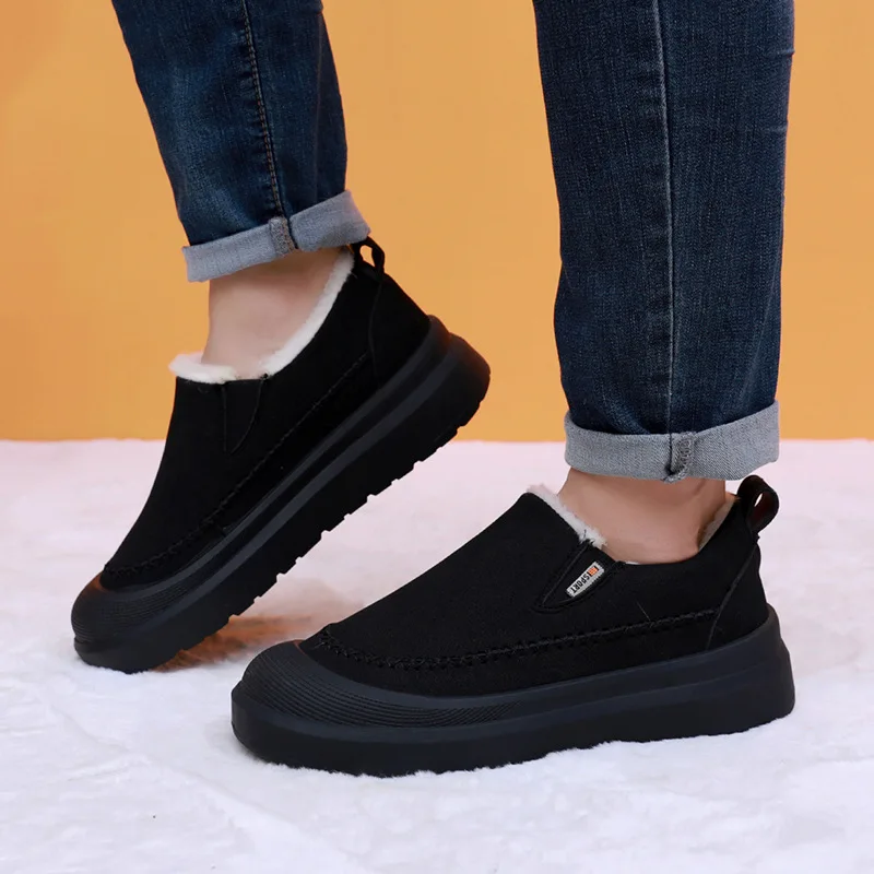 Men Winter Warm Fleece Lined Slip‑On Loafer Shoes Chunky Platform Sole Stitched‑Line Non‑Slip Warm Casual Cotton Shoes