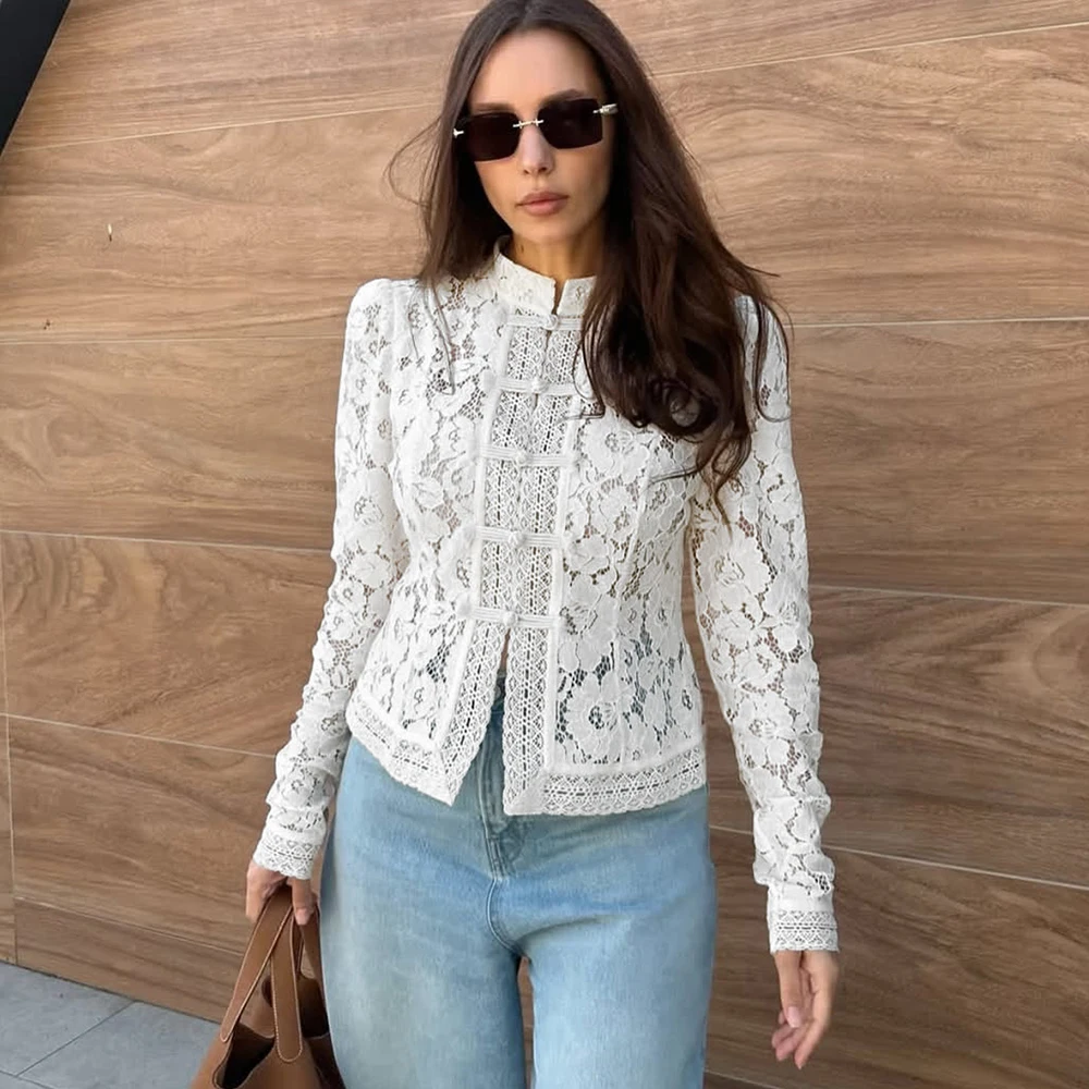 

Ticketsx Print Lace Up Patchwork Shirt Women's Stand Neck Hollow Out Single Breasted Top Female Fashion Elegant Luxury Top Women